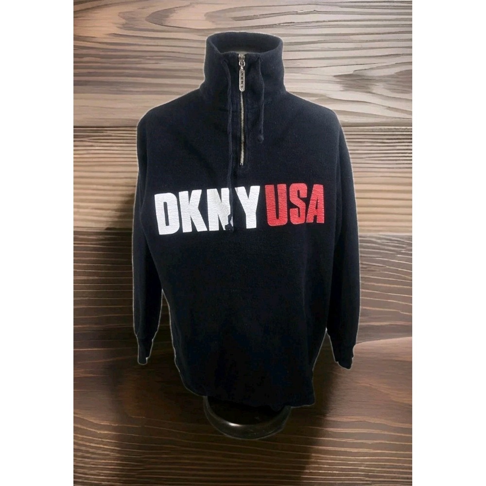 DKNY USA Fleece Sweater Mens M Black 1/4 Zip Drawstring‎ Mock Neck Graphic Logo